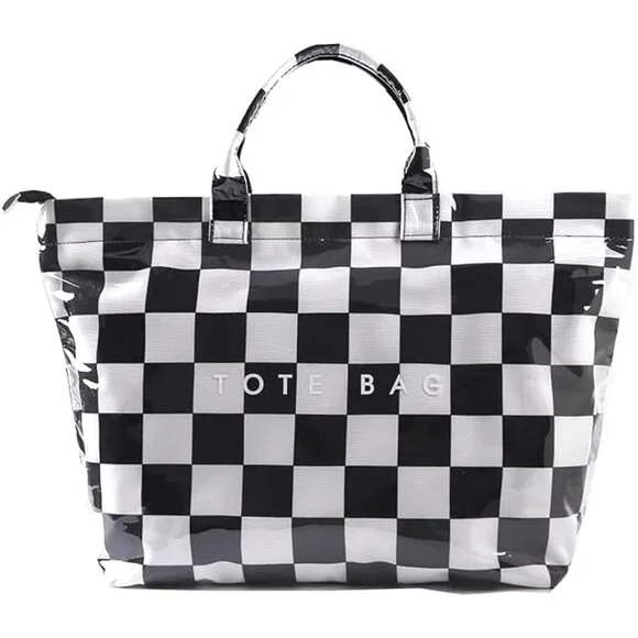 Trendy Women's Checkered PVC Tote Bag Large Waterproof Lightweight - Picture 1 of 5
